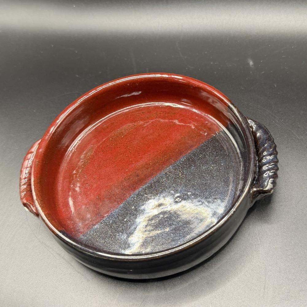Studio Pottery Signed Red/Dark Brn Glazed Stoneware Brie Baker 5" Signed
